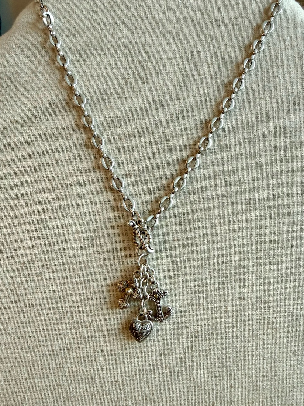 Silver Heart, Cross and Anchor Charm Pendant Necklace - Women Jewelry